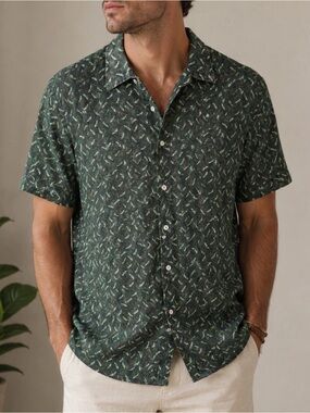 Rodd & Gunn Dark Green print Short-Sleeve Button-Down  100% Italian Linen